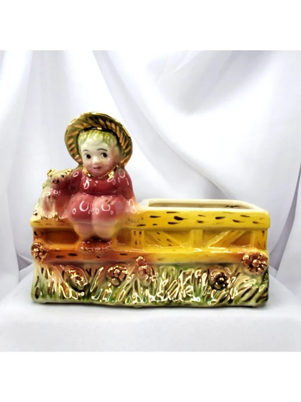 Vintage Hull Art Pottery Planter: Child on Fence with Dog, 1950s MCM Novelty #87
